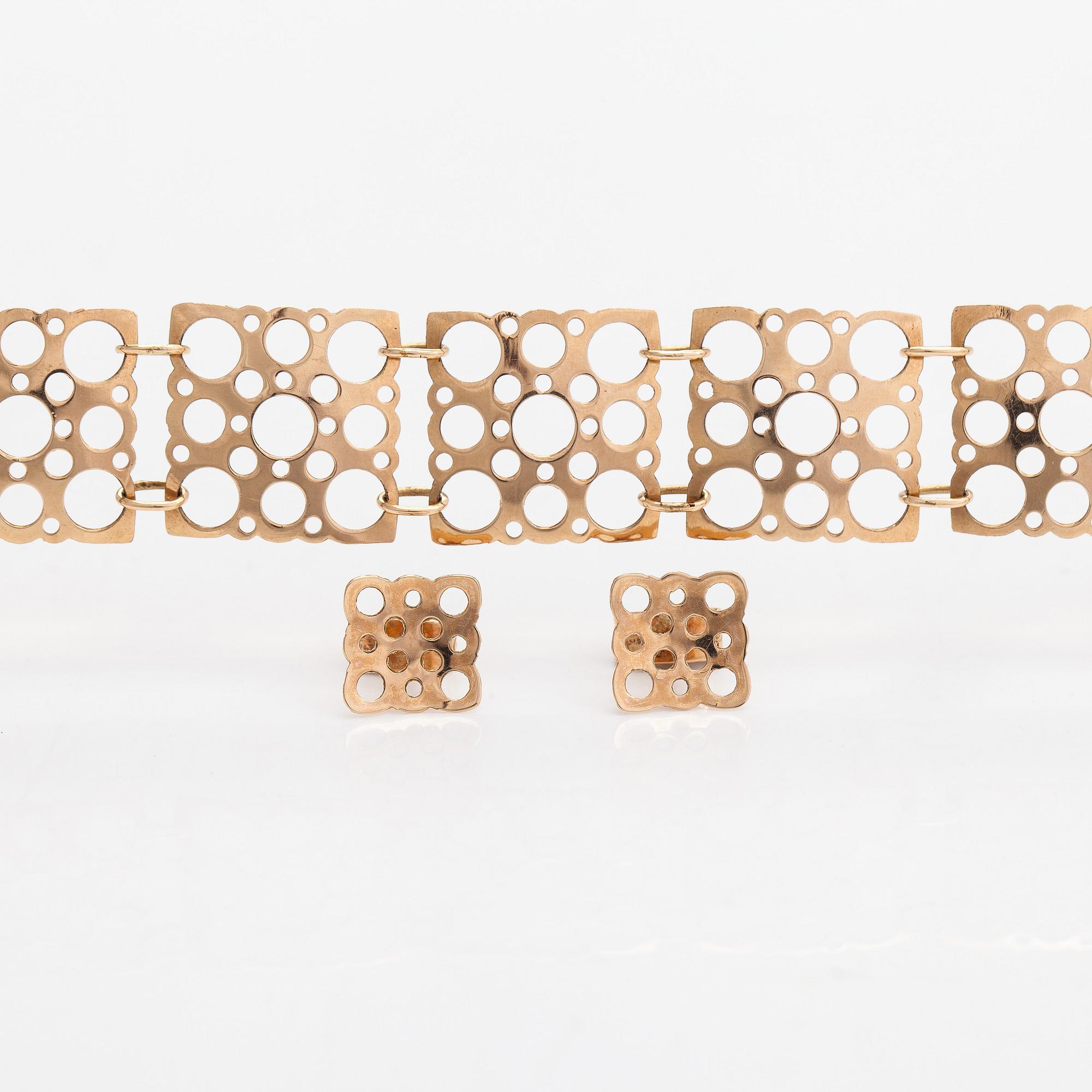 Liisa Vitali, Armband och örhängen "Pitsi", 14K guld. Westerback, Helsingfors 1969.