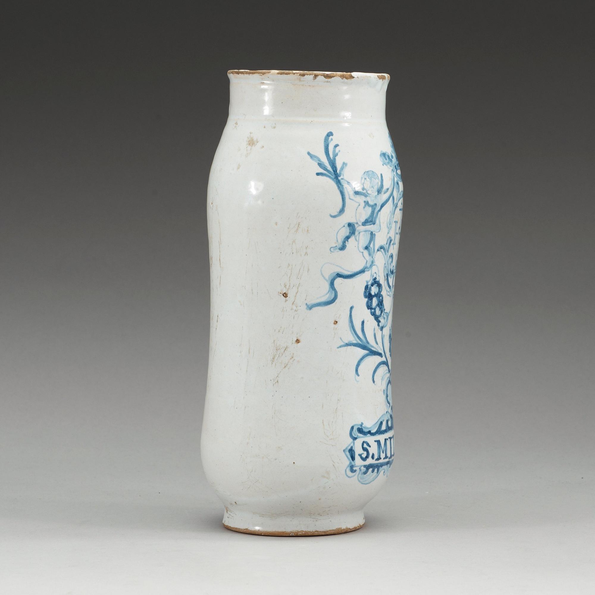 An armorial faience pharmaceutical jar, 18th Century.