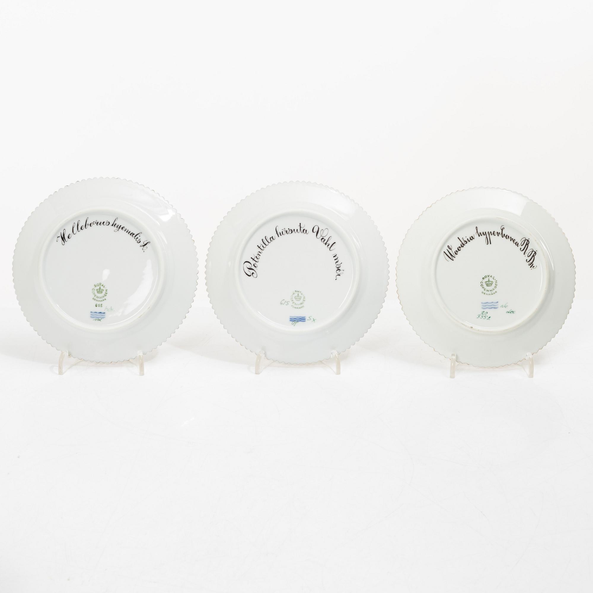 Royal Copenhagen, nine fruit plates, 'Flora Danica', Denmark.