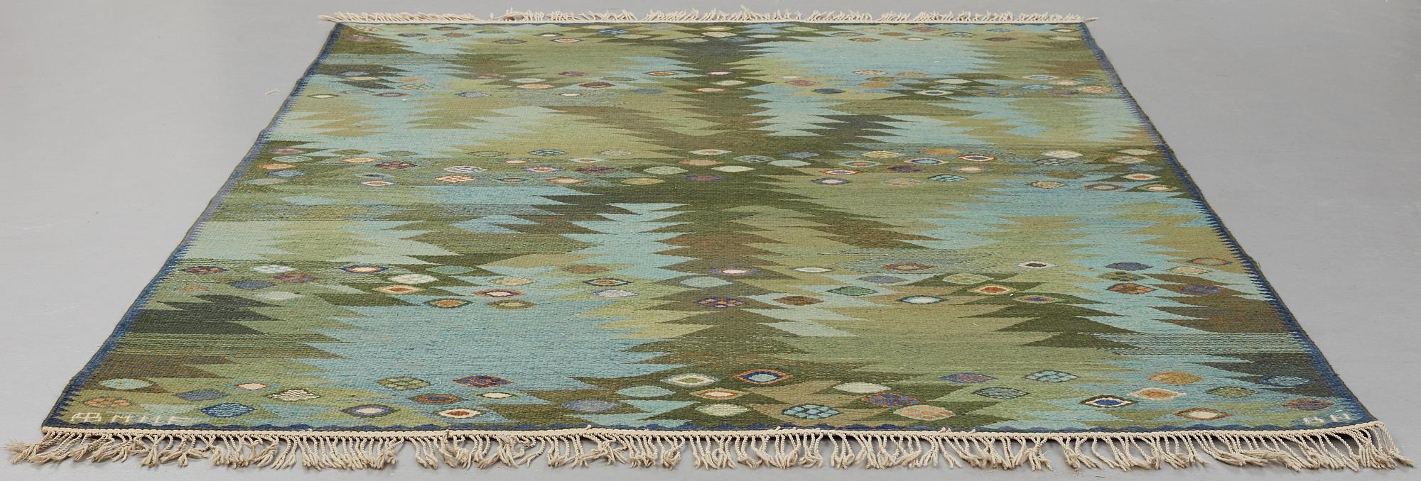 Barbro Nilsson, MATTO, "Tånga, grön", flat weave, ca 246,5 x 170 cm, signed AB MMF BN.