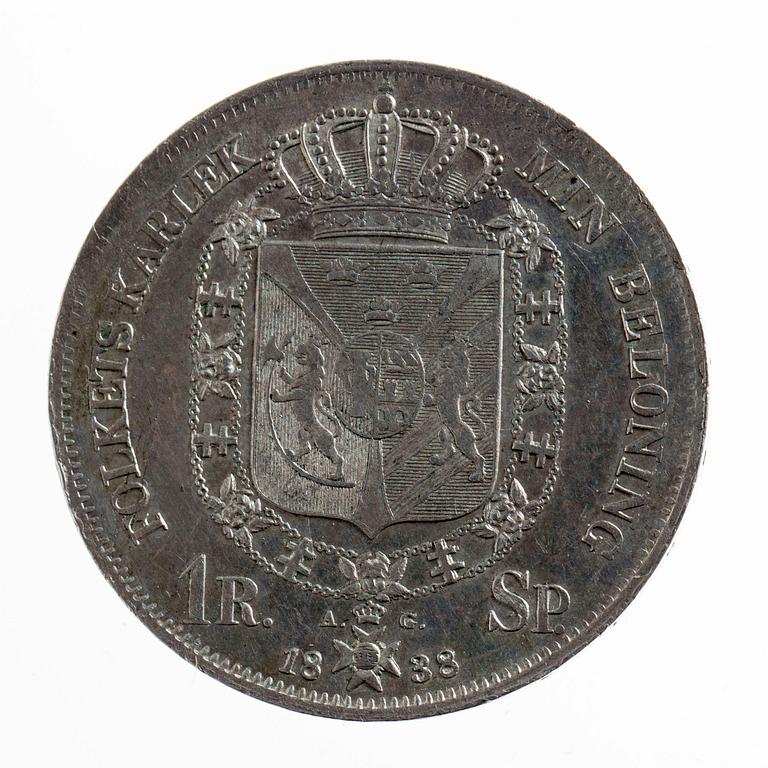 MYNT, silver, 1 riksdaler specie, Carl XIV 1838. Ca 34g.