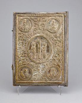 BÖNBOKSOMSLAG, försilvrad mässing, möjl Ryssland, 1800-tal.