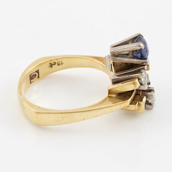 Ring, 18K gold with sapphire, old-cut and brilliant-cut diamonds, and rubies.