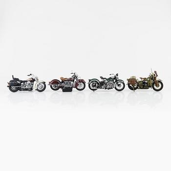 Four die cast model cars and four die cast model motor bikes, Franklin Mint.