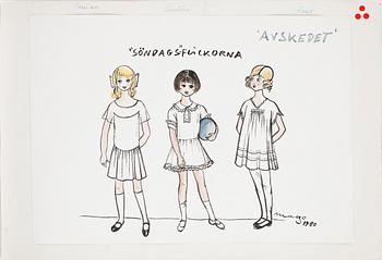 MAX GOLDSTEIN (MAGO), kostymskisser, 12 st, för "Avskedet" Regi Tuija-Maija Niskanen, 1981. Vissa signerade.