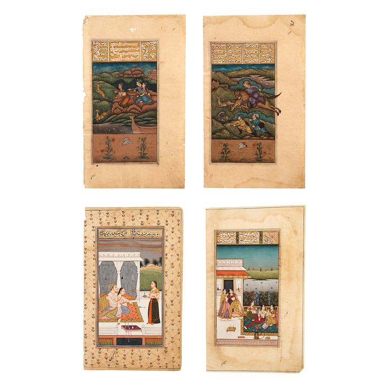 ALBUMBLAD, fyra stycken, bläck och färg på papper med förgyllda detaljer. Indien, sent 1800-tal.