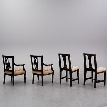 A pair of gustavian armchairs and a pair of gustavian chairs, ca 1800.