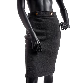 CHANEL, a grey cashmere jacket and skirt.