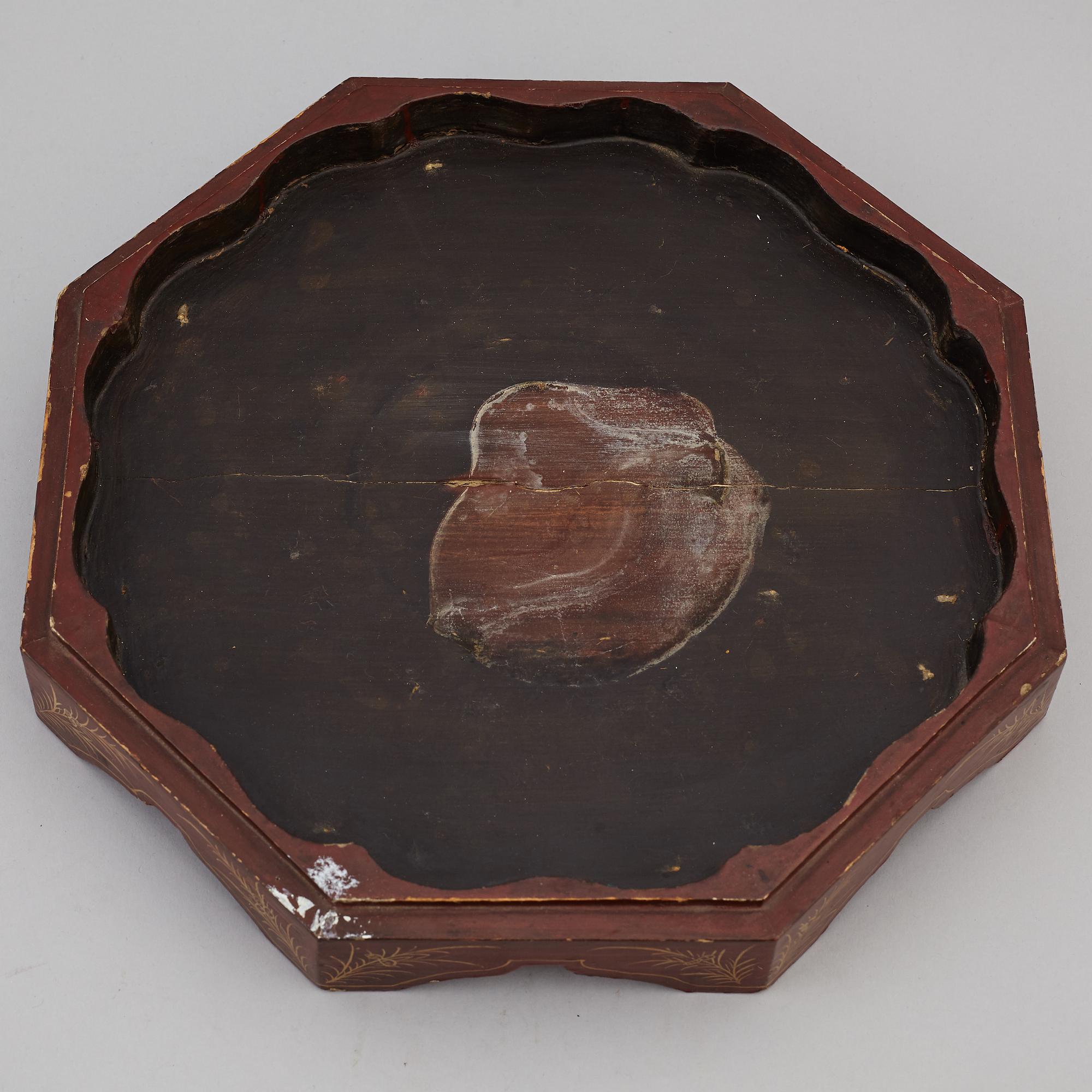 A nine piece enamel on coppar  cabaret in a wooden box, Qing dynasty.