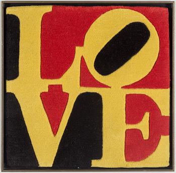 ROBERT INDIANA, INRAMAD MATTA. "Liebe Love", Chosen love. Handtuftad 2005. 55,5 x 57 cm.