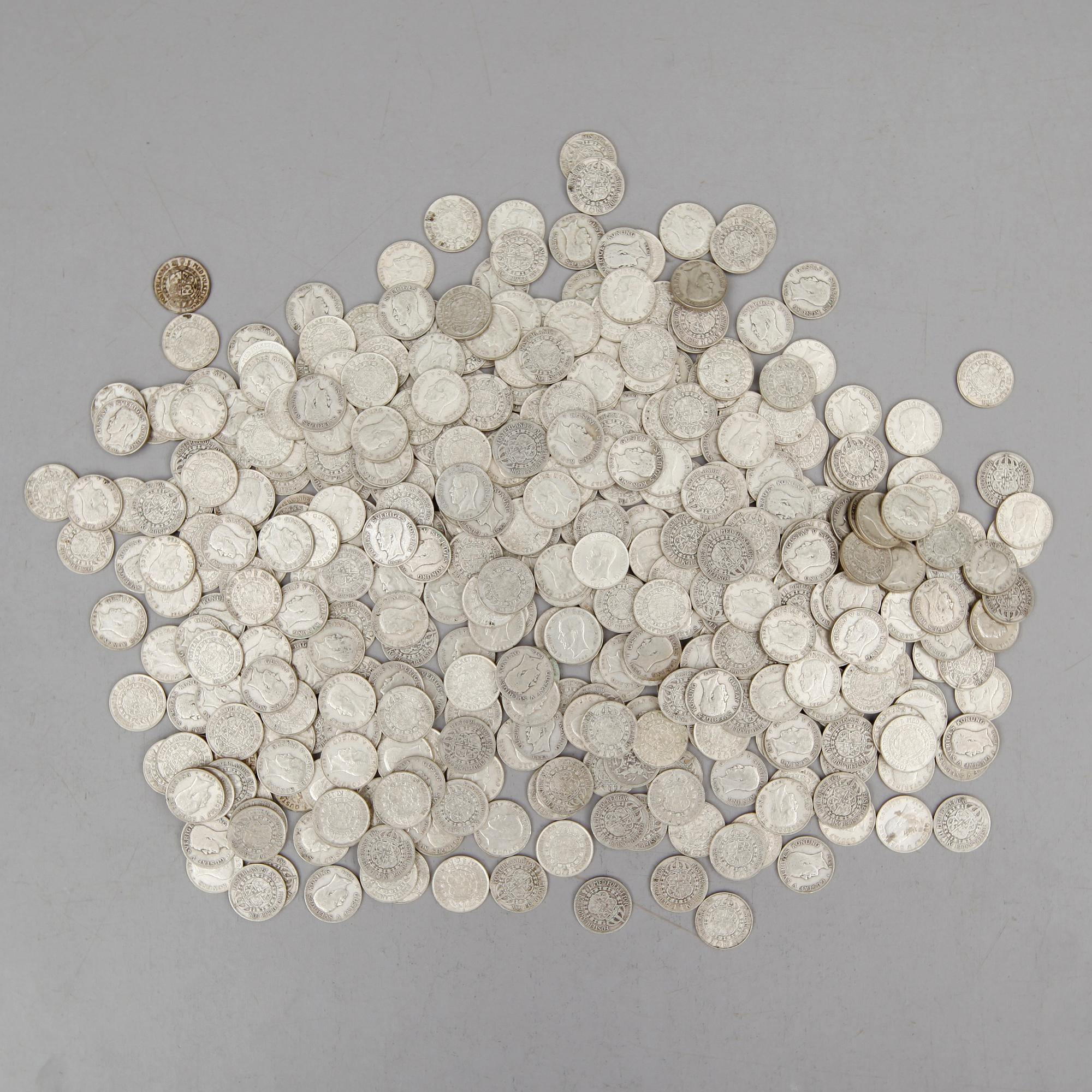 SAMLING SILVERMYNT, enkronor, Gustaf V, 1910-1941. Vikt ca 3000 gram.