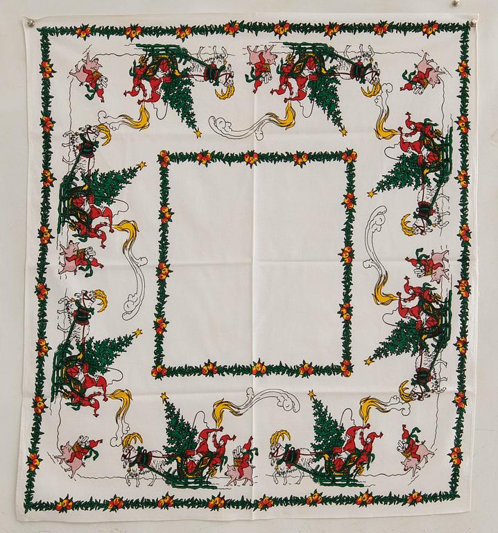 A collection of smaller Christmas tablecloths, runners, and wall hangings, approximately 34 pieces, mid/second half of the 20th century.