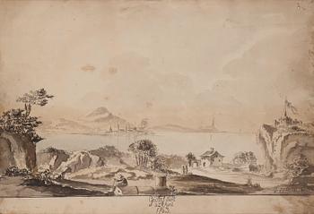 714. Gustaf III, Coastal landscape with figures and town.