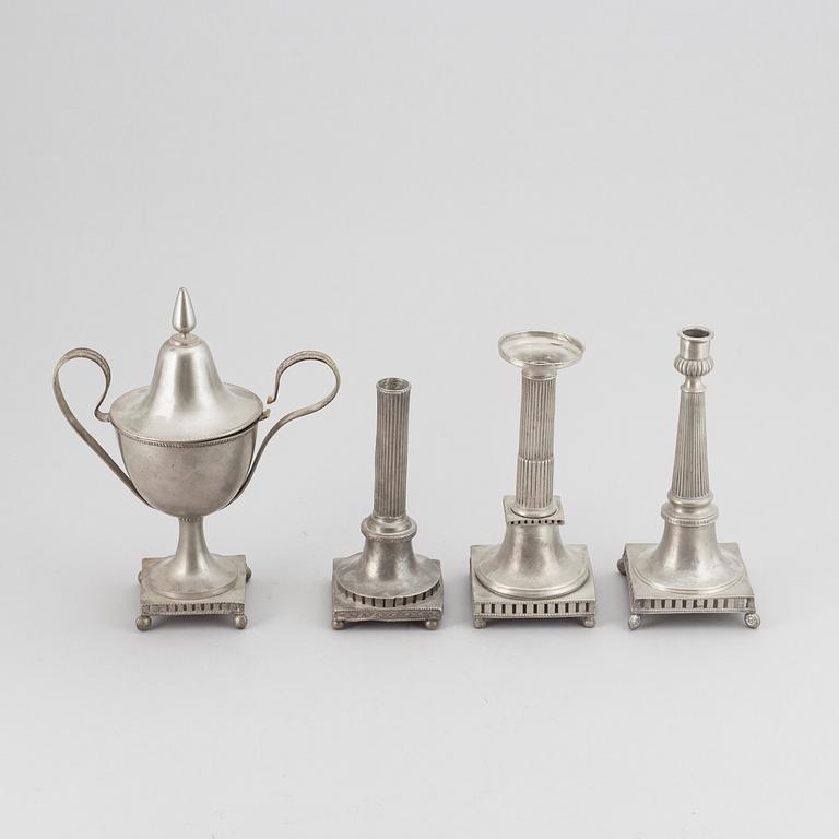 3 candlesticks and a sugar bowl, pewter, Sweden 18/19th Century.