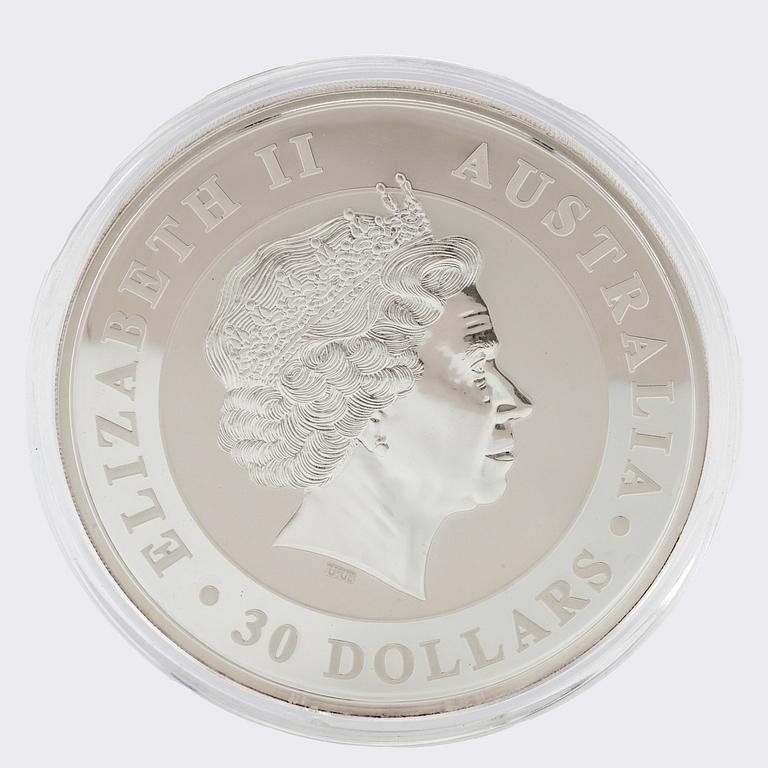 Mynt 999 silver 1kg "Australian Kookaburra" 30 dollar, Elisabeth II 2011.