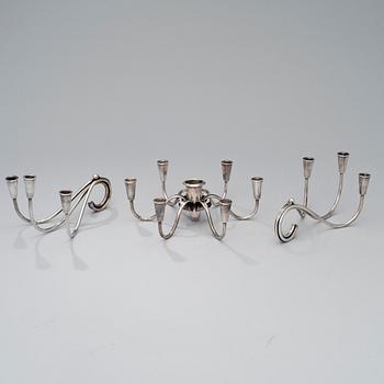 A pair of silver plated candelabra and a candelabrum, FDG, Denmark, mid 20th century.