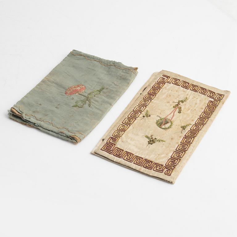Two swedish 18 century silk wallets.ca 20,5 x 11,5 & 17,5 x 12,5 cm.