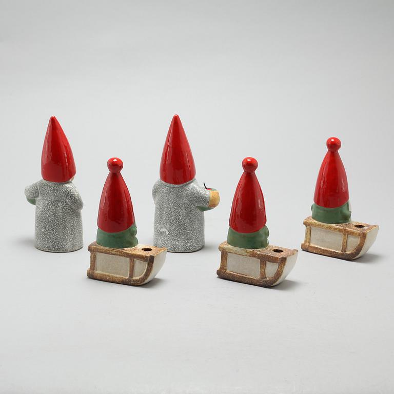 Five candle holders by Lisa Larson, stoneware, Gustavsberg, K-Studio, end 19th century.