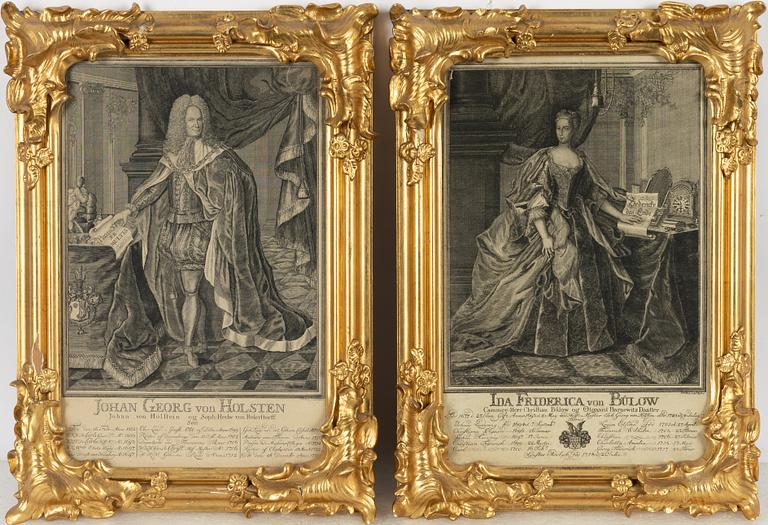 Frames, a pair of gilded, 20th century, with engravings.