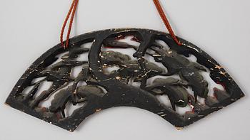 Two sun feather shaped carved and painted wooden decorative elements, with Mandarin ducks and Cranes. Qing dynasty, 19th Century.