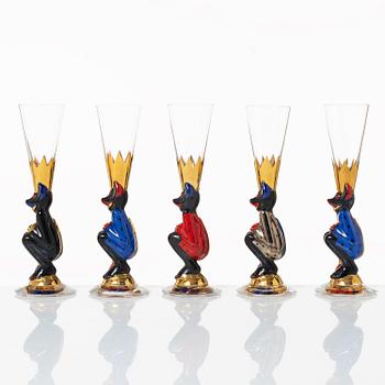 Gunnar Cyrén, snapsglas, 5 st, s.k. "djävulsglas", ur "Nobel" servisen, Orrefors.