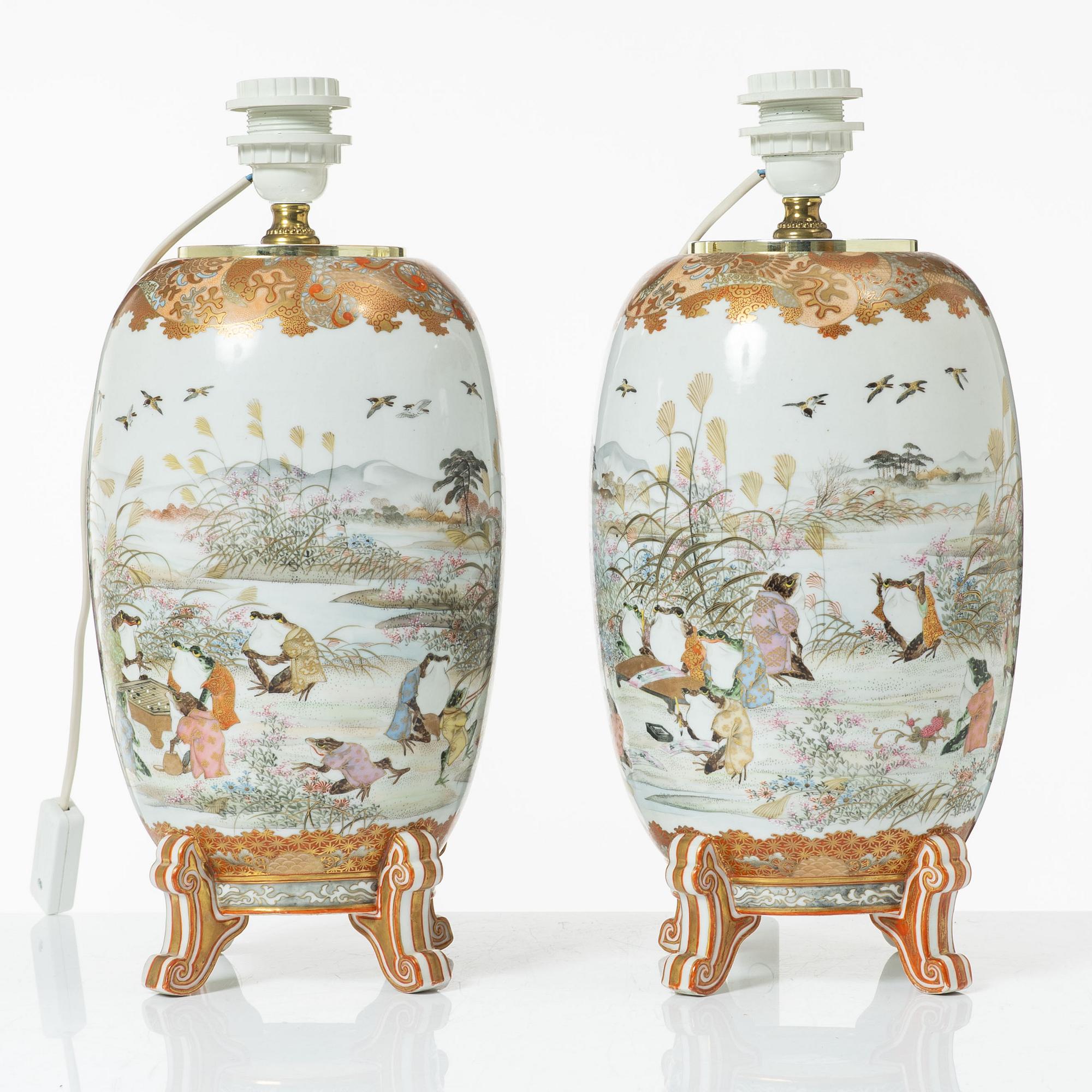 Bordslampor, ett par, porslin, Kutani, Watatani, Japan, 1900-tal.