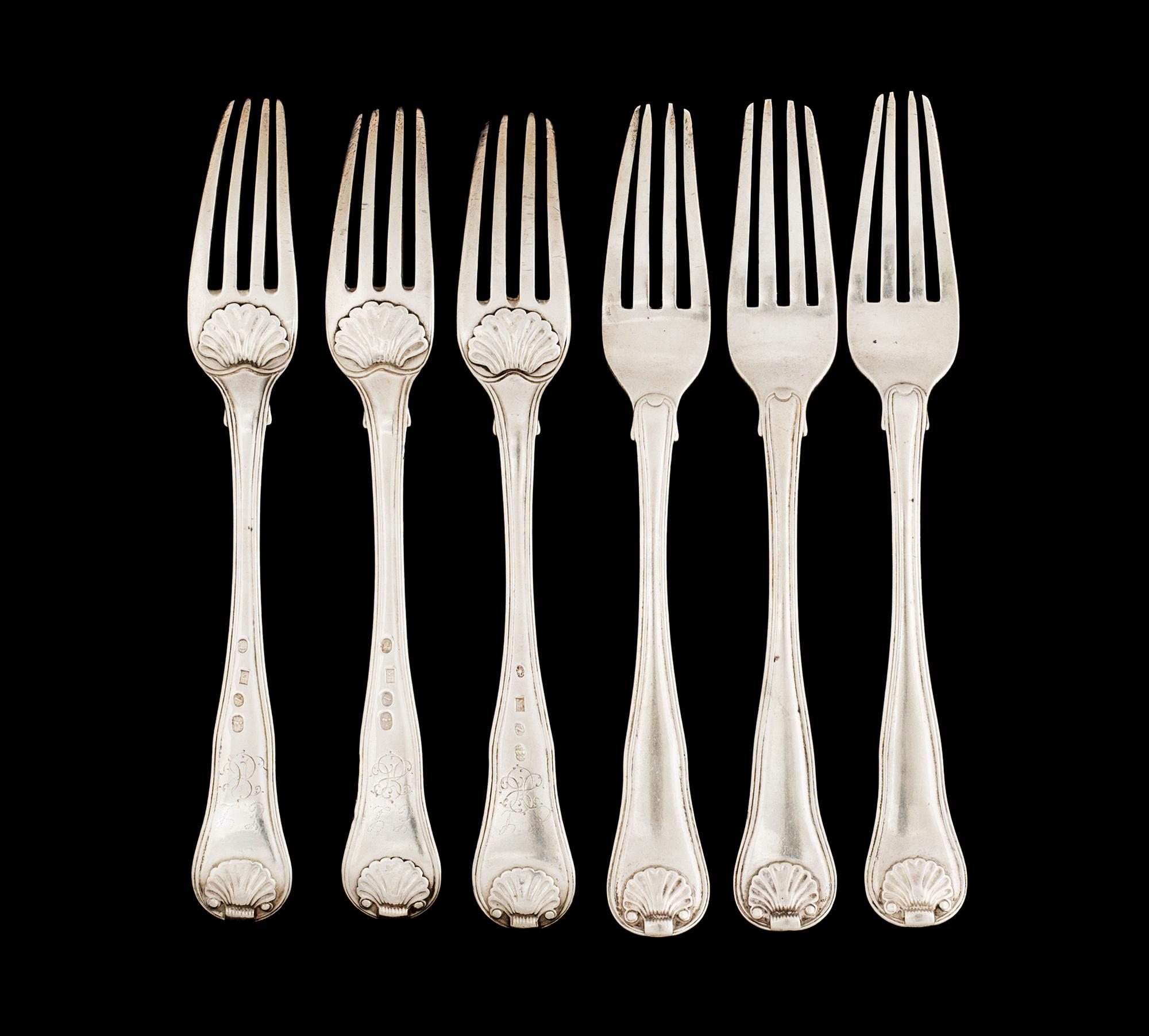 GAFFLAR, 6 st, silver. Köpenhamn 1824. Engelsk snäckmodell.