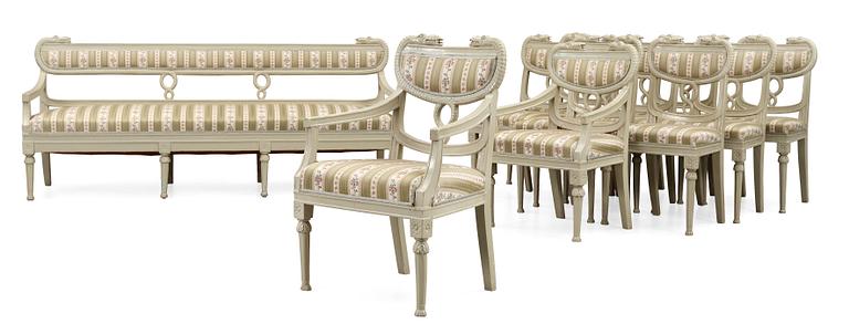 A Swedish early 19th century eleven piece suite comprising 1 sofa, 2 armchairs and 8 chairs, by J. Andersson.