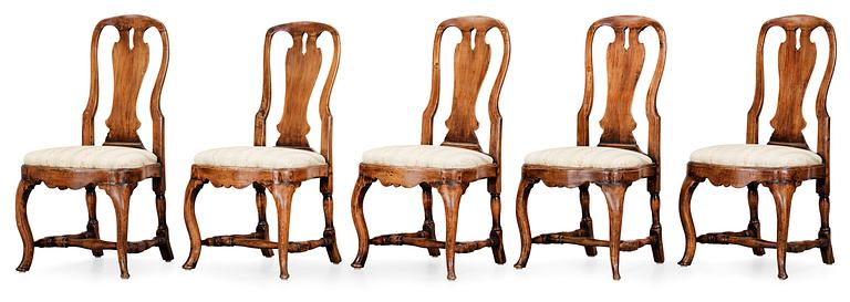 Five Swedish Rococo 18th Century chairs.