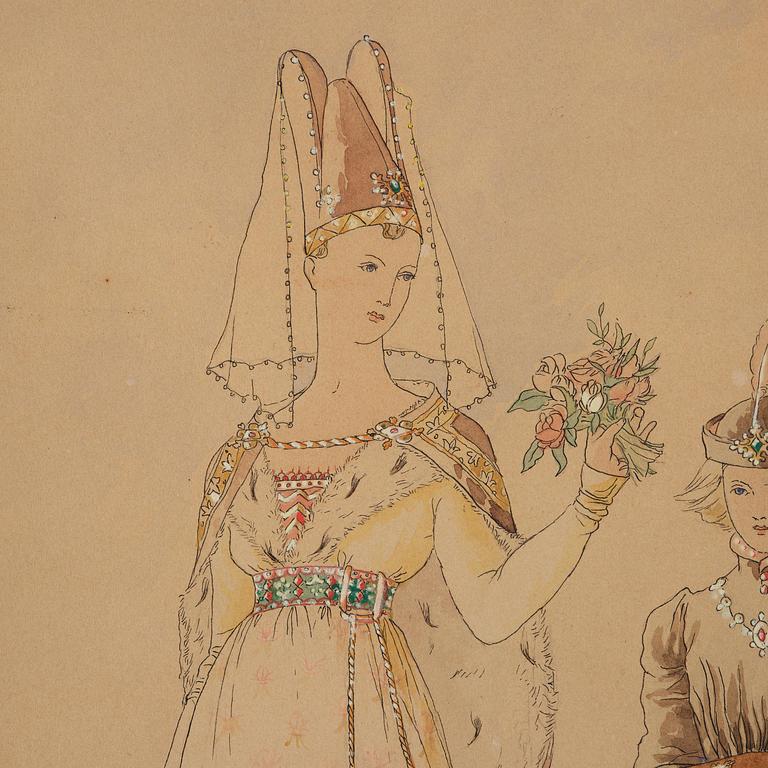 Elisabeth Sonrel, Dame de la Cour avec un bouquet de fleurs et son jeune serviteur.