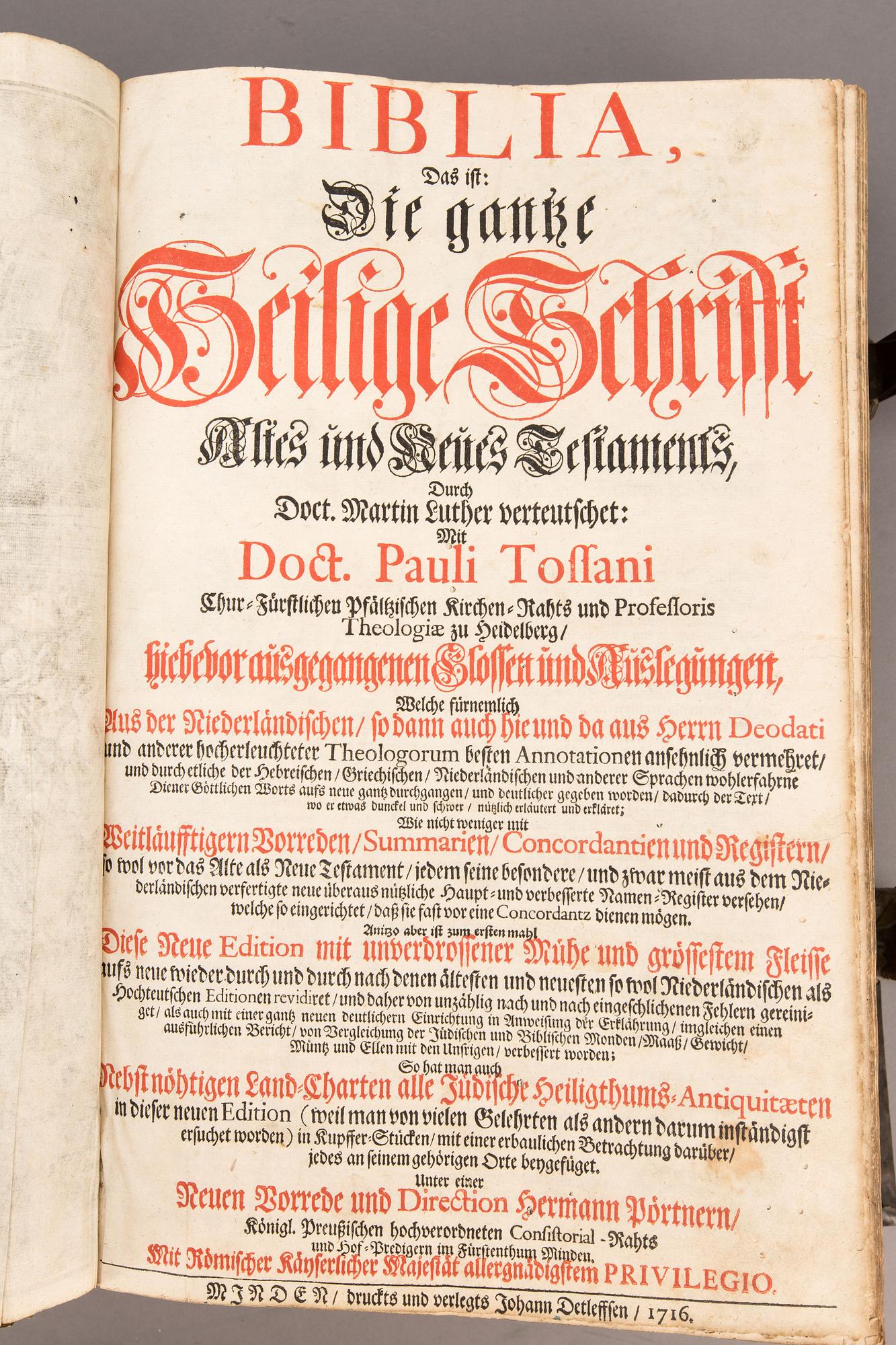 BIBLIA GERMANICA, "Das ist Die ganze Heilige Schrift Alten und Neuen Testaments..." Tryckt hos Johann Detlefffen 1716.