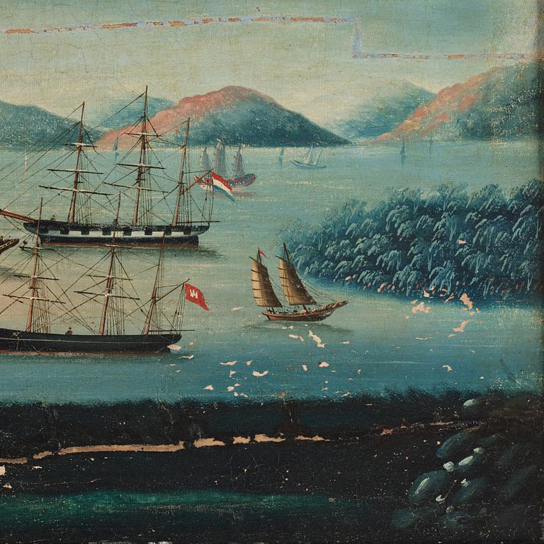 A oil painting of Whampoa Anchorage, Chinese School, Qing dynasty, 19th Century.