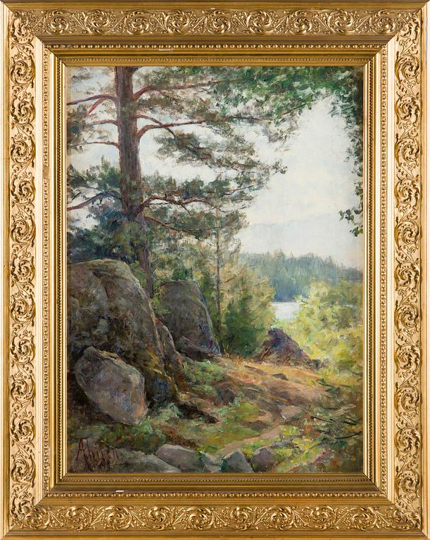 Ada Thilén, Metsämaisema järven äärellä.