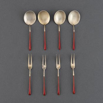 4+4 pc silver and enamel cutlery, J Tostrup, Oslo circa 1920.