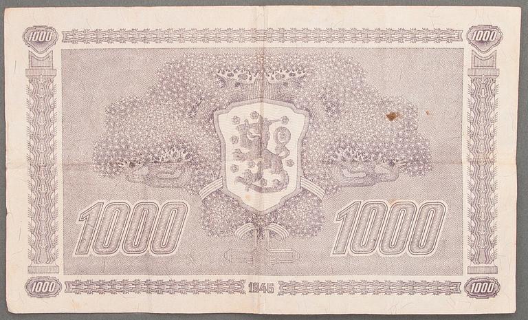 A 1945 bank note of 1000 Finnish Marks.