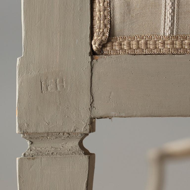 A pair of Gustavian late 18th century armchairs by Johan Erik Höglander (master in Stockholm 1777).