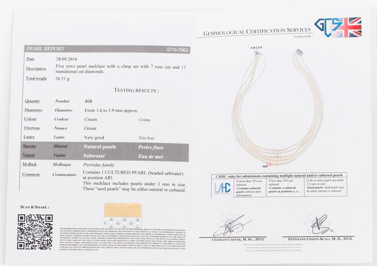 A 5-strand natural saltwater pearl necklace (one pearl cultured) Clasp with diamonds. Certificate from GCS.