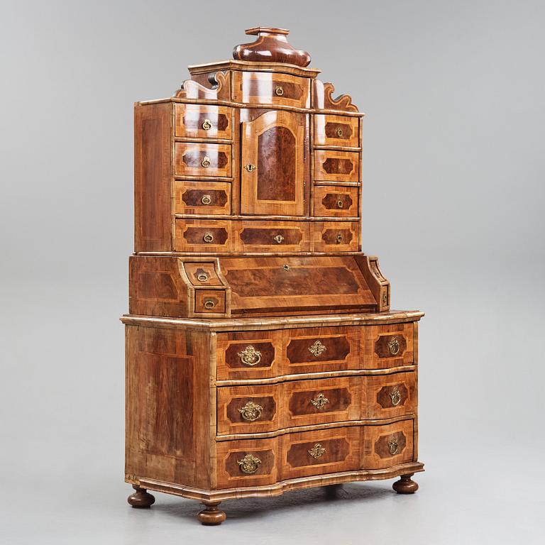 A South German late Baroque walnut and burr-walnut writing cabinet, first part of the 18th century.