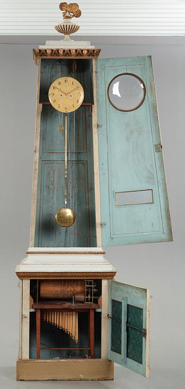 A Grand late Gustavian musical loncase clock with organ pipes, signed and dated in Stockholm by Peter Strand 1798.