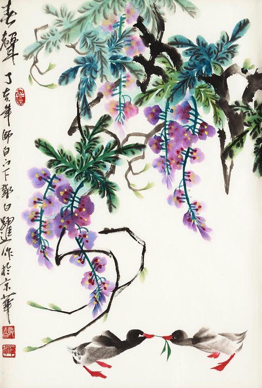 MÅLNING, av Deng Baiyuejin (1958-), "Vårens röst" (chun sheng), signerad samt daterad.