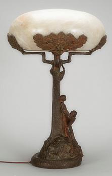 A Karl Hultström Art Nouveau patinated bronze and alabaster table lamp by Nordiska Kompaniet, Stockholm circa 1900.