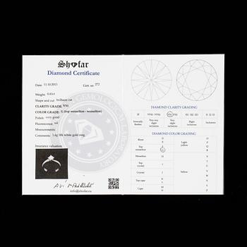 RING, 18k vitguld med briljantslipad diamant ca 0,41 ct. Vikt ca 3,4 gram.