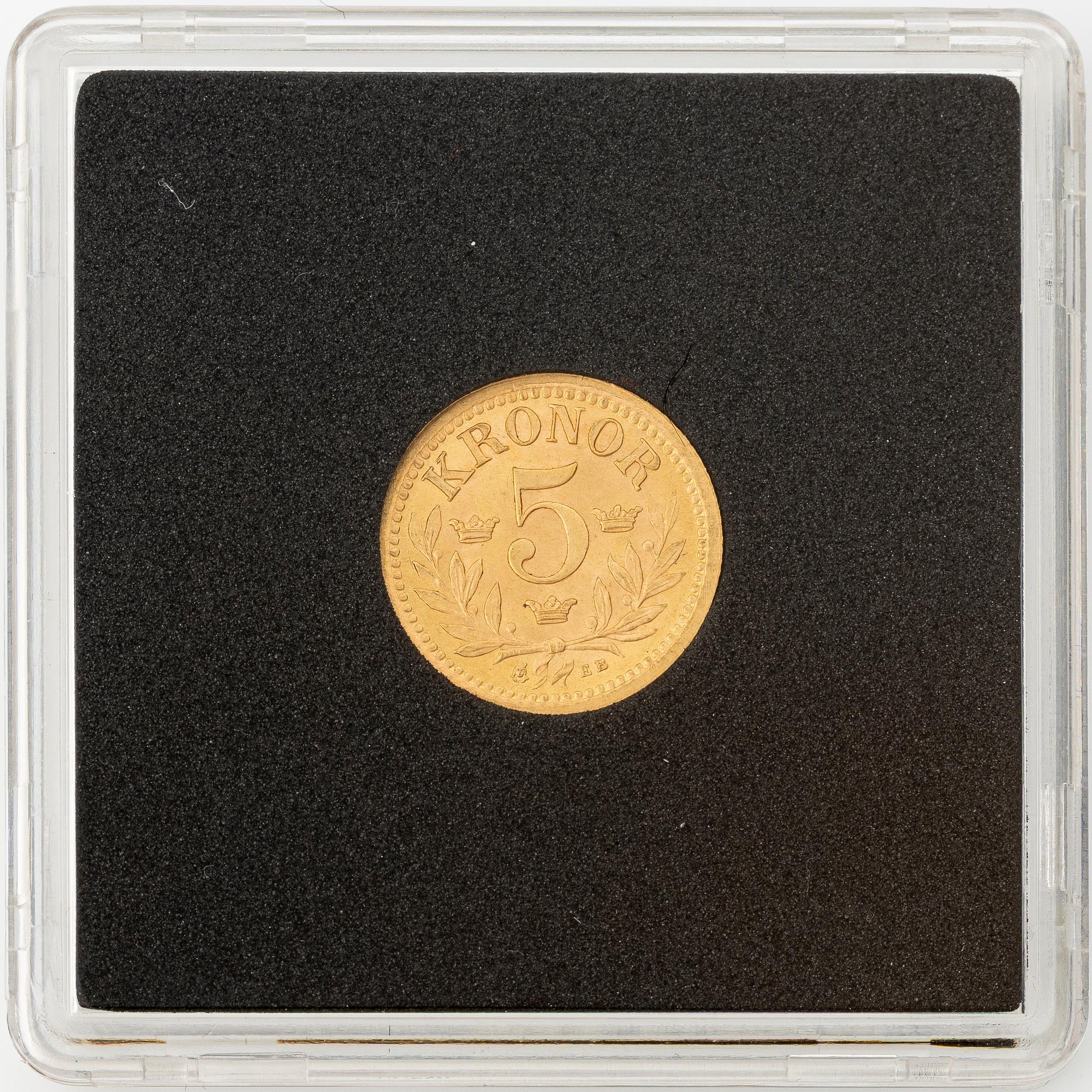 Guldmynt, Oscar II, 5 kronor, typ II, Sverige 1901.