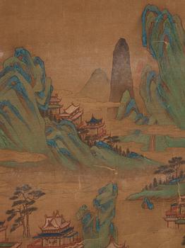 A Chinese scroll painting, ink and colour on paper, Qing dynasty after Wen Zhenming.