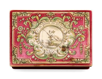 814. A French 18th century ivory counter box painted in colours signed "Mariaval le Juene a Rouen fecit".