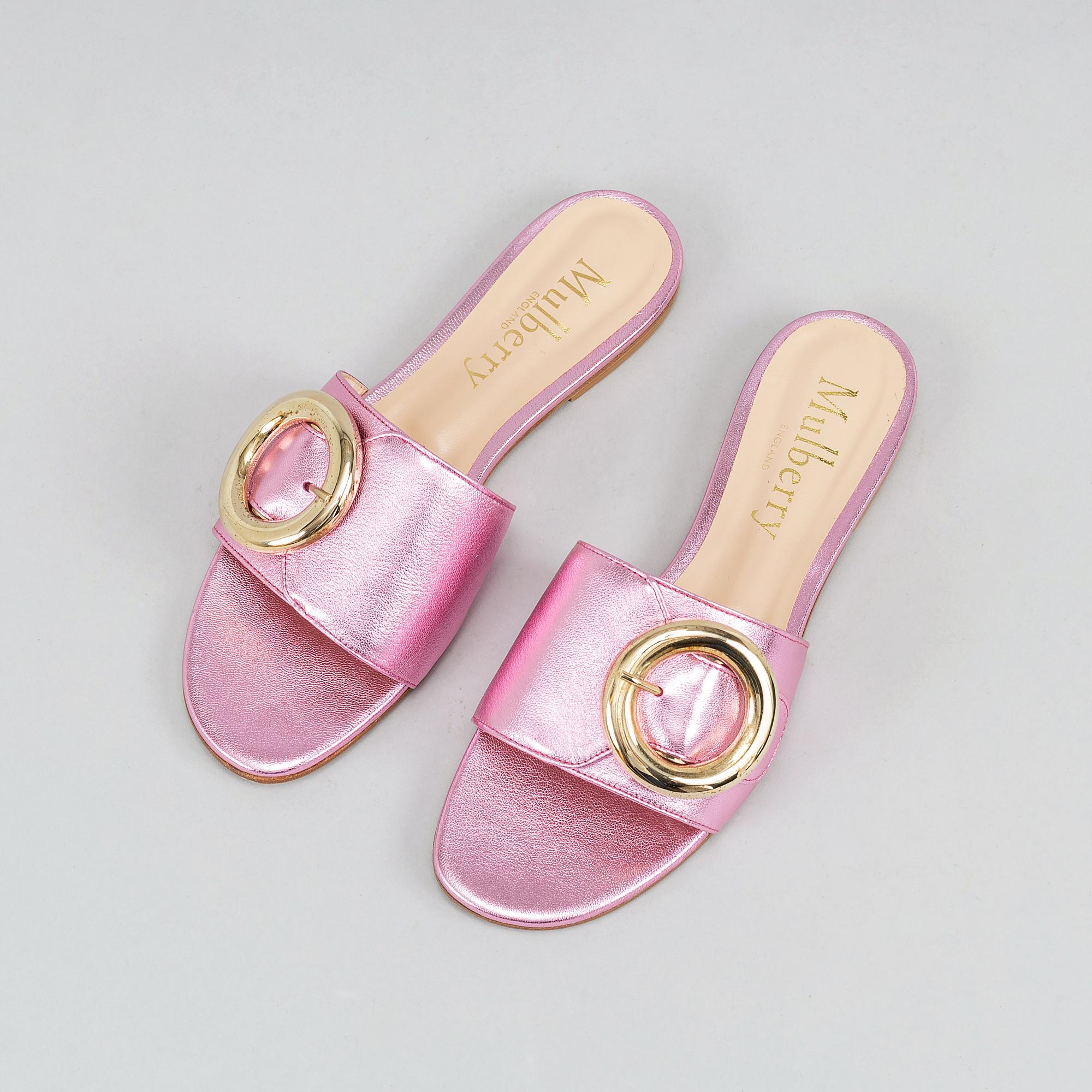 Mulberry, a pair of pinc metallic leather 'Opera Buckle Slide' sandals, size 39.