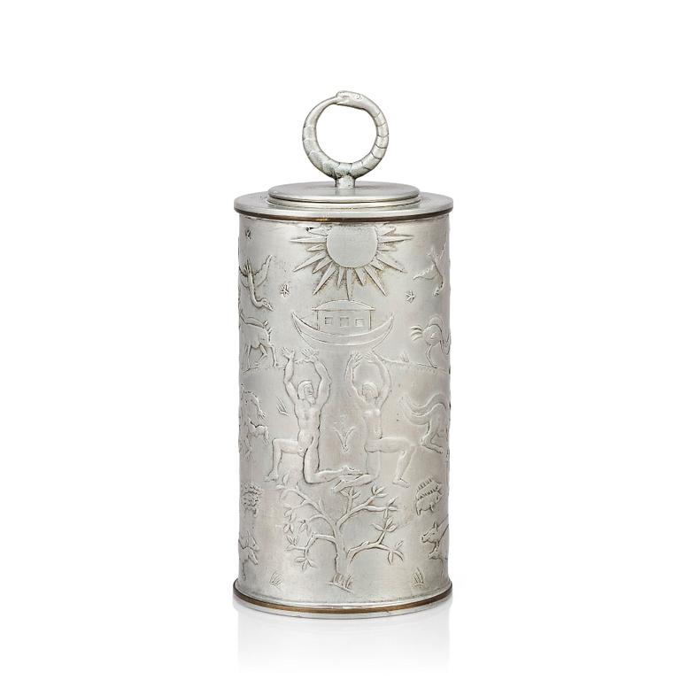 Nils Fougstedt, a lidded pewter jar decorated with the garden of Eden, Svenskt Tenn  Sweden 1930.