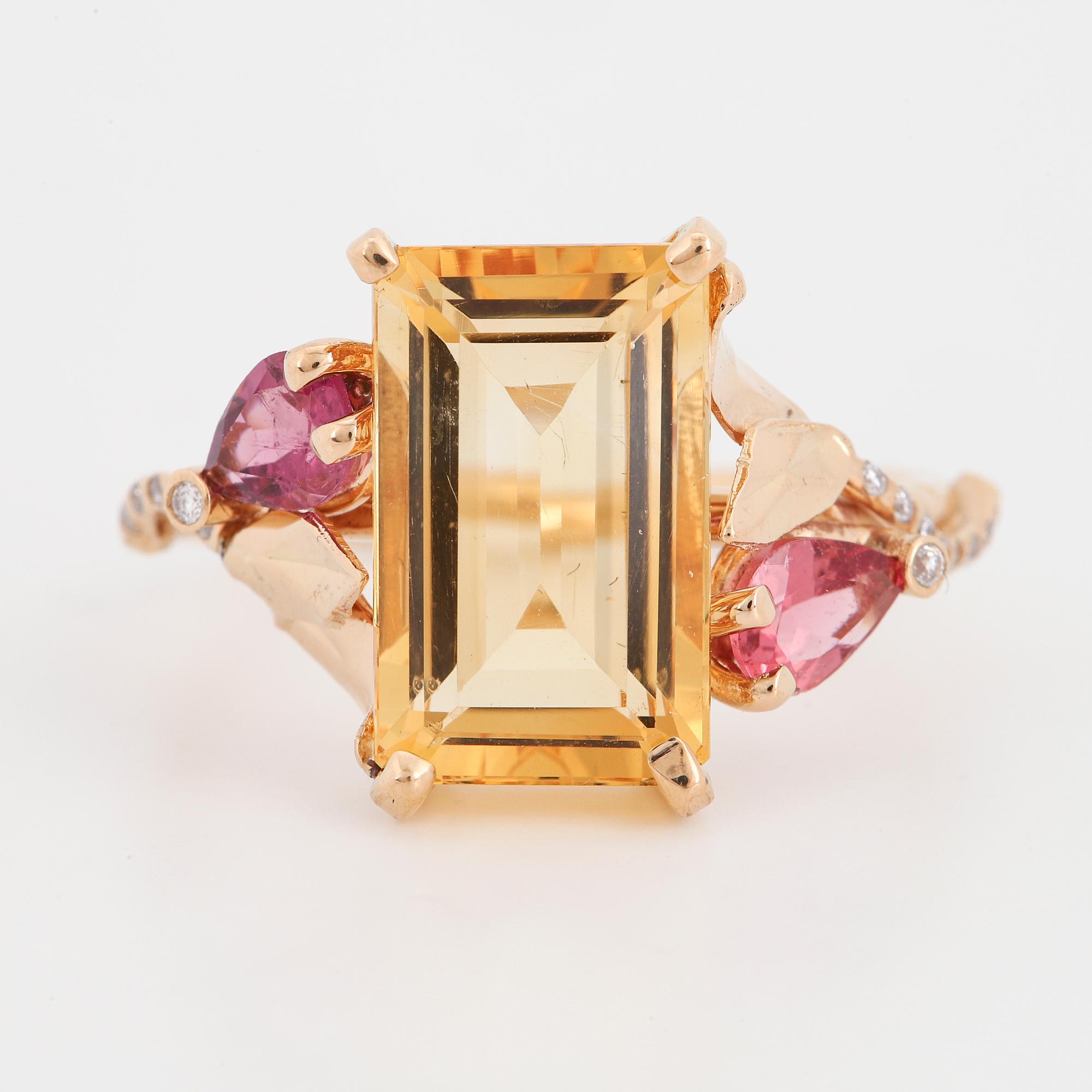 Citrine, pink tourmaline and diamond ring.