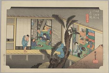 Ando Utagawa Hiroshige, after, three prints from "The Fifty-Three Stations of the Tōkaidō", 20th century.