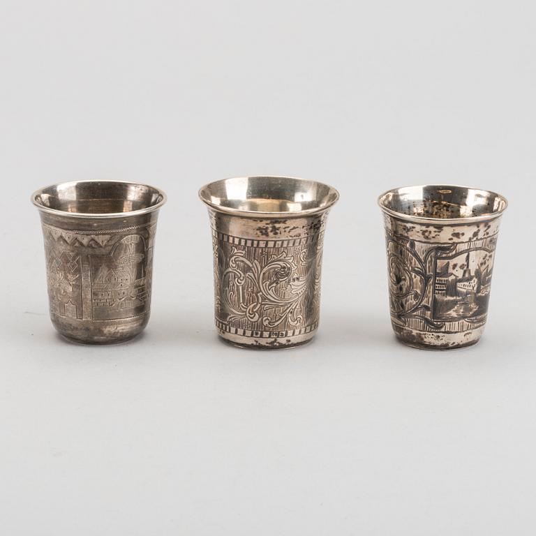 A set of nine different Russian silver vodka beakers 19th century, weight ca 327 gr.